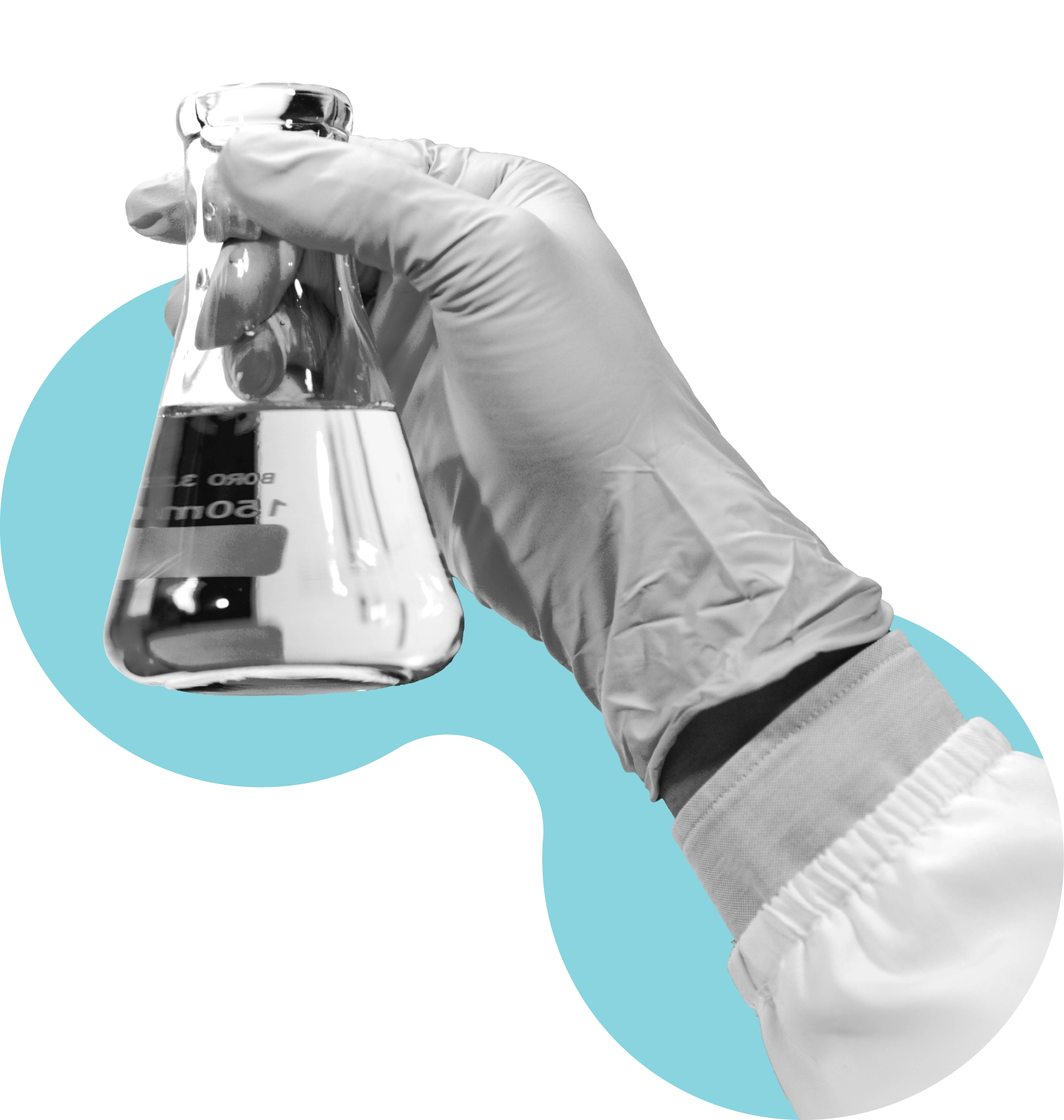 An editorial style image of a gloved hand holding a beaker in a lab setting